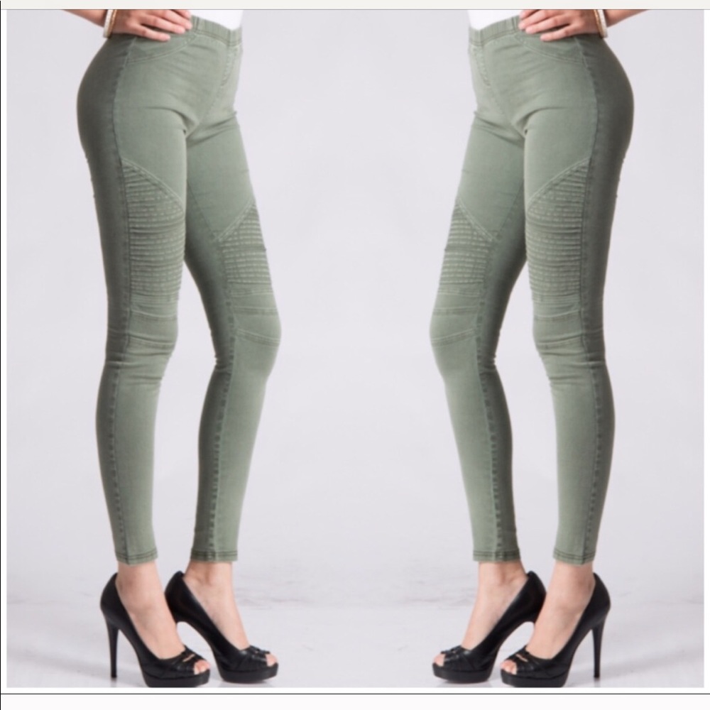 Olive green skinny Moto pants